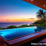 몰디브 오버워터 빌라 비교 - A luxurious overwater villa at sunset in a secluded lagoon setting, featuring a private infinity poo...