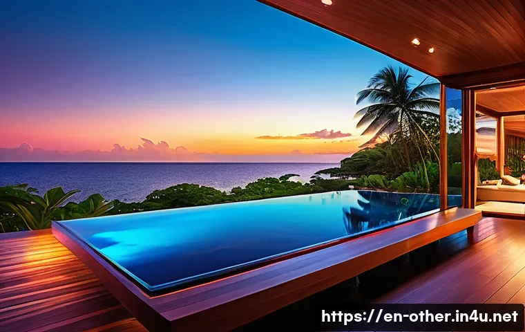 몰디브 오버워터 빌라 비교 - A luxurious overwater villa at sunset in a secluded lagoon setting, featuring a private infinity poo...