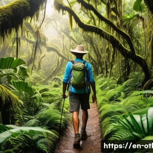 파푸아뉴기니 대자연 속 힐링 여행 - A dense Papua New Guinea jungle trail scene during daylight, featuring towering ancient trees covere...
