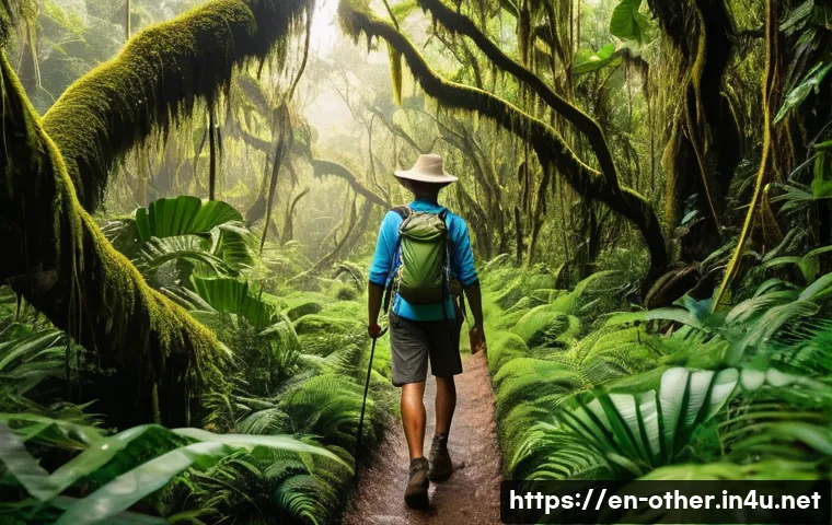 파푸아뉴기니 대자연 속 힐링 여행 - A dense Papua New Guinea jungle trail scene during daylight, featuring towering ancient trees covere...