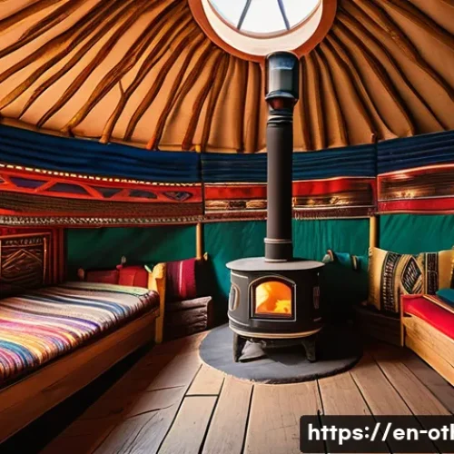 몽골 게르 숙박 체험기 - A cozy interior view of a traditional Mongolian ger featuring thick felt walls and a central wood-bu...
