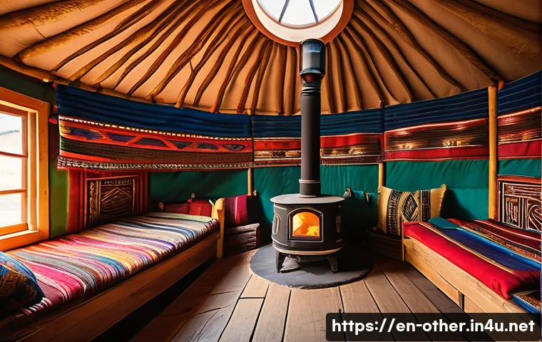 몽골 게르 숙박 체험기 - A cozy interior view of a traditional Mongolian ger featuring thick felt walls and a central wood-bu...