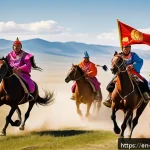 몽골 나담 축제 일정과 볼거리 - A dynamic scene of a traditional Mongolian horse race during Naadam, featuring young jockeys aged 7 ...