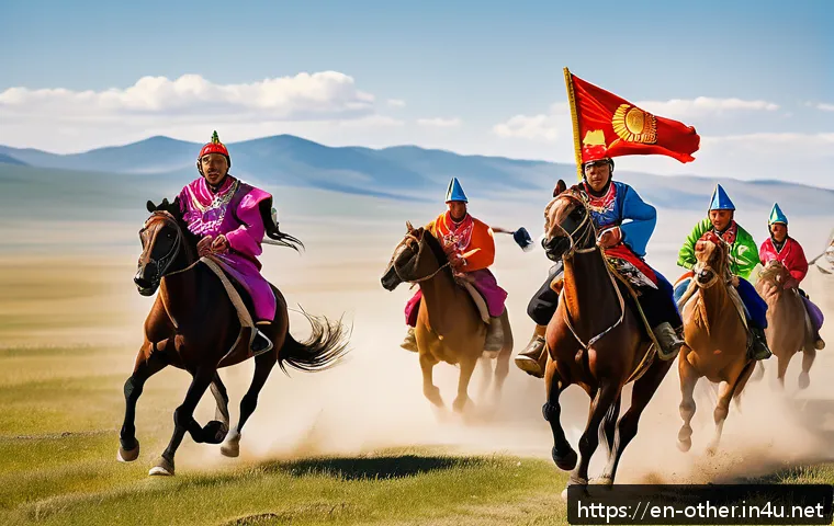 몽골 나담 축제 일정과 볼거리 - A dynamic scene of a traditional Mongolian horse race during Naadam, featuring young jockeys aged 7 ...