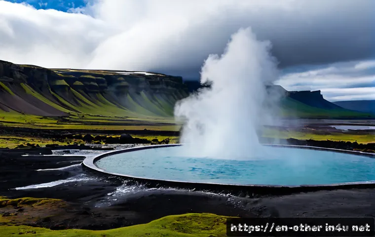 아이슬란드 게이시르 간헐천 특징 - Photorealistic wide landscape of Iceland’s Geysir geothermal area at the exact moment Strokkur erupt...
